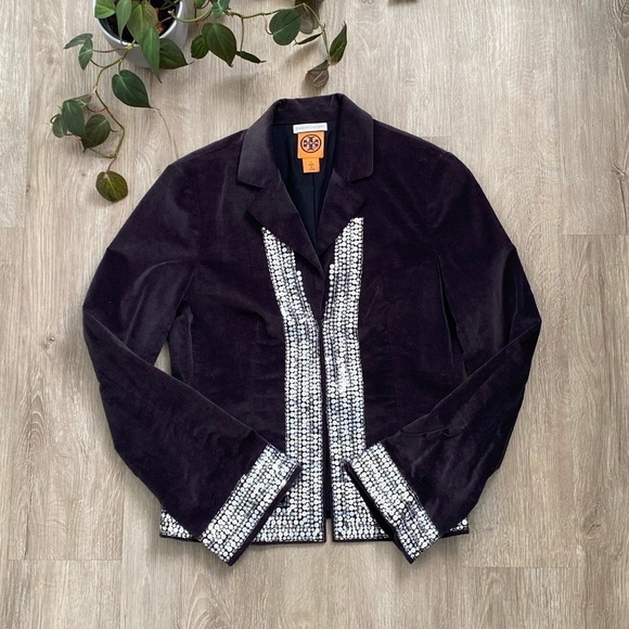 Tory Burch Grey Velvet Natasha Sequin Embellished Blazer EUC - Picture 2 of 7